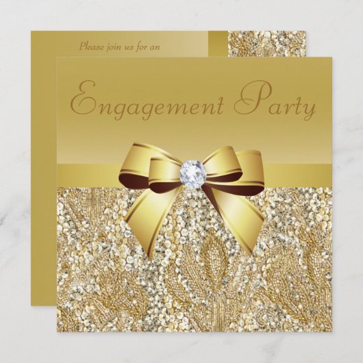 Gold Sequins, Bow & Diamond Engagement Party Kaart (Voorkant / Achterkant)
