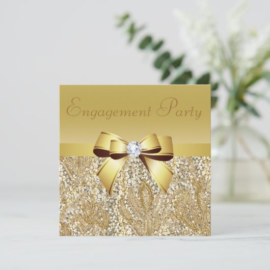 Gold Sequins, Bow & Diamond Engagement Party Kaart (Staand voorkant)