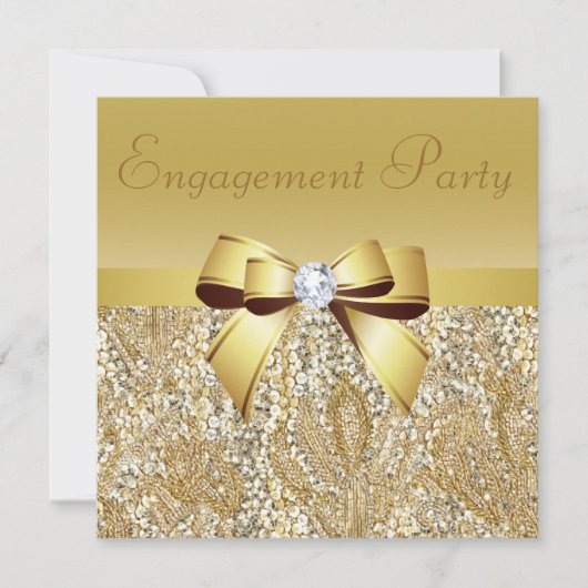 Gold Sequins, Bow & Diamond Engagement Party Kaart (Voorkant)