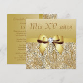 Gold Sequins, Bow & Diamond Quinceanera Kaart (Voorkant / Achterkant)