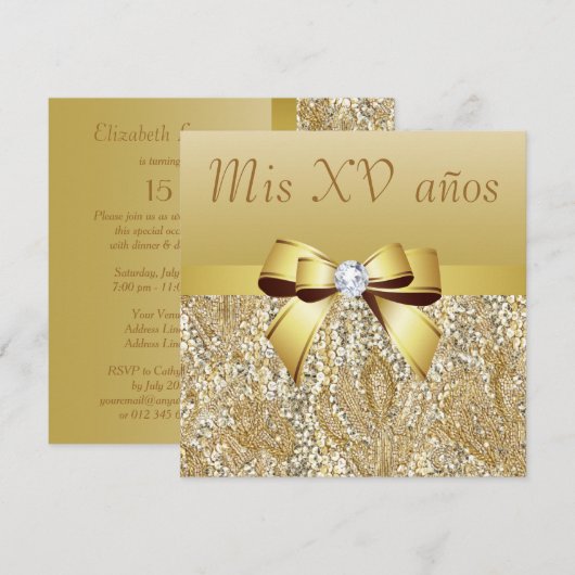 Gold Sequins, Bow & Diamond Quinceanera Kaart (Voorkant / Achterkant)