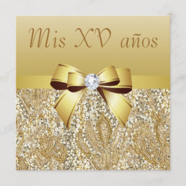 Gold Sequins, Bow & Diamond Quinceanera Kaart