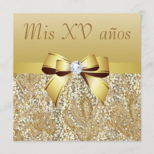 Gold Sequins, Bow & Diamond Quinceanera Kaart
