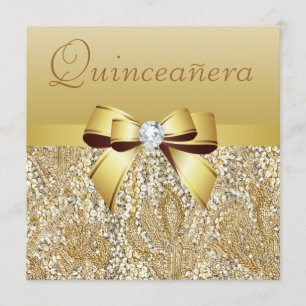 Gold Sequins, Bow & Diamond Quinceanera Kaart