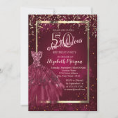 Gold Sequins Burgundy Glitter Dress 50th Birthday Kaart (Voorkant)