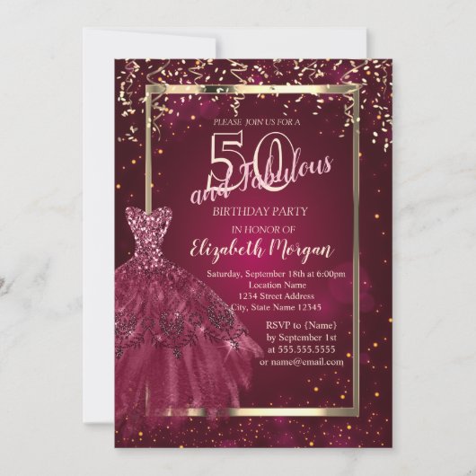 Gold Sequins Burgundy Glitter Dress 50th Birthday Kaart (Voorkant)