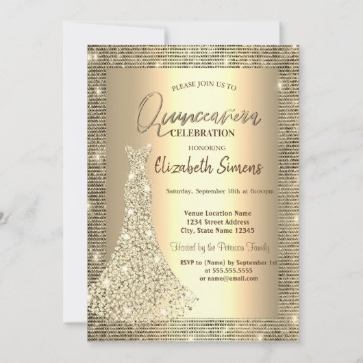 Gold Sequins, Chic Diamonds Dress Quinceañera Kaart (Voorkant)