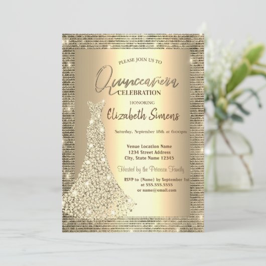 Gold Sequins, Chic Diamonds Dress Quinceañera Kaart (Staand voorkant)