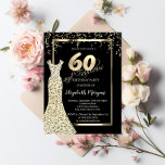 Gold Sequins Dress Black 60th Birthday Invitation Kaart<br><div class="desc">Goudharnenjurk en confetti op zwarte achtergrond.</div>