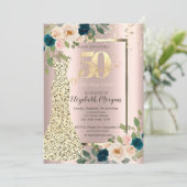 Gold Sequins Dress, Blue Roos Gold 50th Birthday Kaart (Staand voorkant)