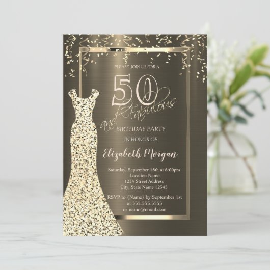 Gold Sequins Dress Bruin Metallic 50e Verjaardag Kaart (Staand voorkant)