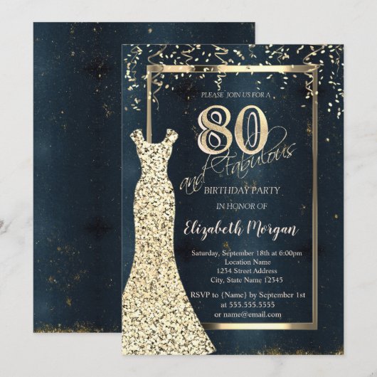 Gold Sequins Dress Dark, Lijst, Blue 80th Birthday Kaart (Voorkant / Achterkant)