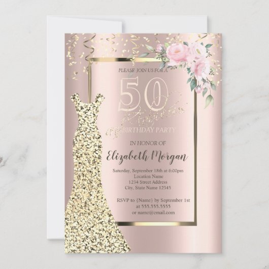 Gold Sequins Dress, Flower Roos Gold 50th Birthday Kaart (Voorkant)