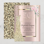 Gold Sequins Dress, Flower Roos Gold 50th Birthday Kaart (Voorkant / Achterkant)