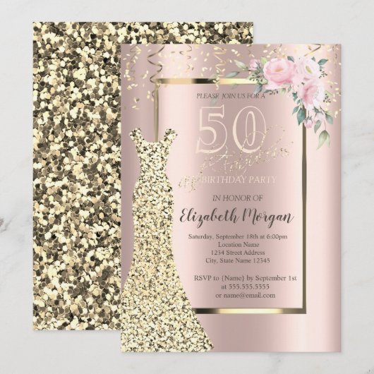 Gold Sequins Dress, Flower Roos Gold 50th Birthday Kaart (Voorkant / Achterkant)