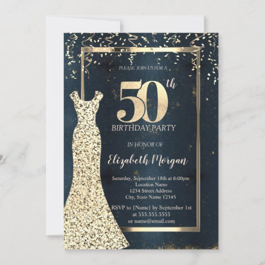 Gold Sequins Dress Lijst, Dark Blue 50th Birthday Kaart (Voorkant)