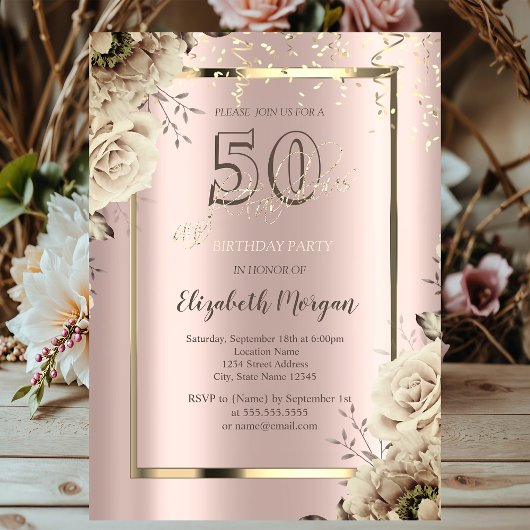 Gold Sequins, Flowers Roos Gold 50th Birthday Kaart