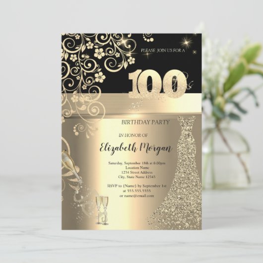 Gold Sequins Jurk Glas Bloemen 100e Verjaardag Kaart (Staand voorkant)