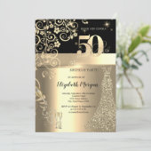 Gold Sequins Jurk Glas Bloemen 50e Verjaardag Kaart (Staand voorkant)