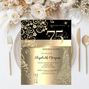 Gold Sequins Jurk Glas Bloemen 75e Verjaardag Kaart