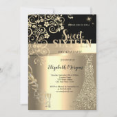 Gold Sequins Jurk Glas Bloemen Sweet 16 Verjaardag Kaart (Voorkant)