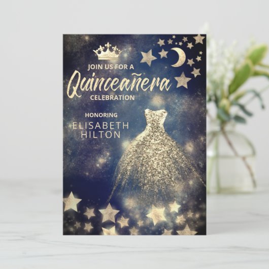 Gold Sequins jurk maan sterren Quinceañera blauw Kaart (Staand voorkant)