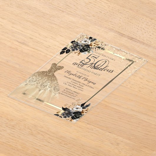 Gold Sequins Jurk Zwart Rozen 50e Verjaardag Acryl Uitnodigingen (Laagn)