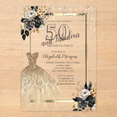 Gold Sequins Jurk Zwart Rozen 50e Verjaardag Acryl Uitnodigingen (Voorkant)