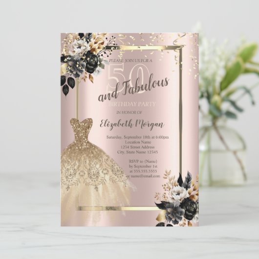 Gold Sequins Jurk Zwart Rozen 50e Verjaardag Kaart (Staand voorkant)