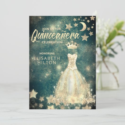 Gold Sequins kleden maansterren Quinceañera groen Kaart (Staand voorkant)