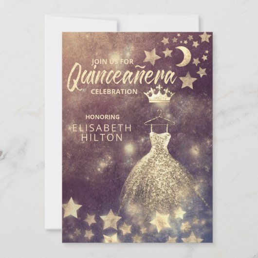 Gold Sequins kleed maansterren Quinceañera Invitat Kaart (Voorkant)
