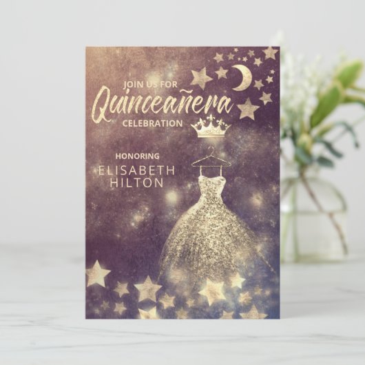 Gold Sequins kleed maansterren Quinceañera Invitat Kaart (Staand voorkant)