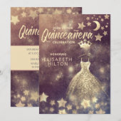 Gold Sequins kleed maansterren Quinceañera Invitat Kaart (Voorkant / Achterkant)