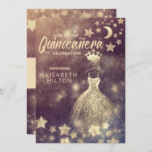 Gold Sequins kleed maansterren Quinceañera Invitat Kaart (Voorkant / Achterkant)