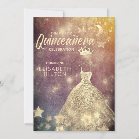 Gold Sequins kleedmasterren Quinceañera Kaart (Voorkant)