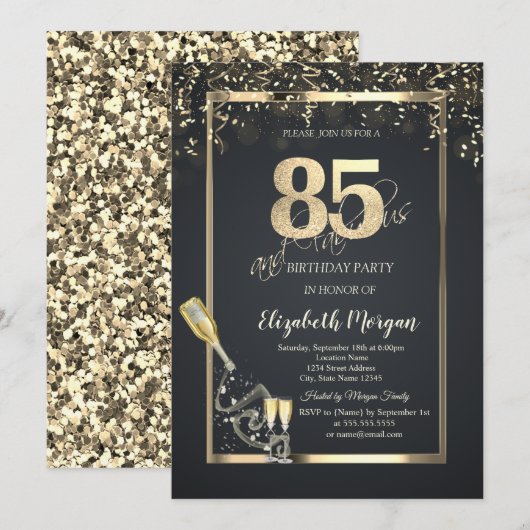 Gold Sequins,Wine Glass Bottle Gray 85th  Kaart (Voorkant / Achterkant)