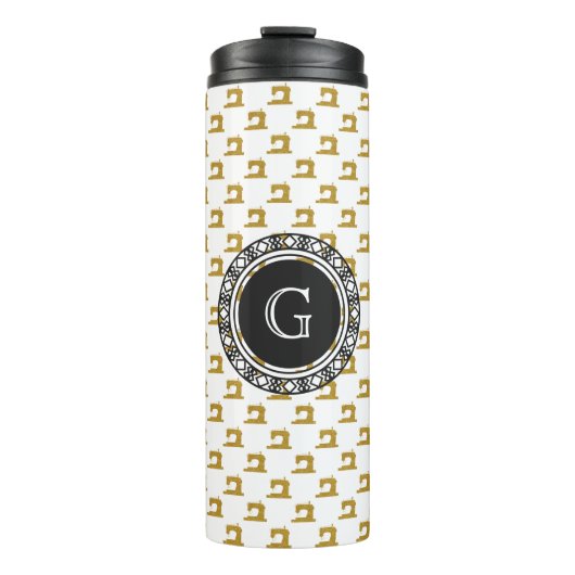 Gold Sewing Machine Pattern met Monogram ・ Crafts Thermosbeker (Voorkant)