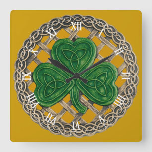 Gold Shamrock & Celtic Knots Roman Numeral Clock Vierkante Klok