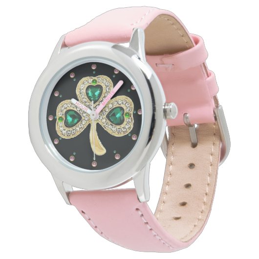GOLD SHAMROCK JEWEL EMERALD GREEN HEARTS, Gemstene Horloge (Gekanteld)