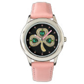 GOLD SHAMROCK JEWEL EMERALD GREEN HEARTS, Gemstene Horloge (Voorkant)