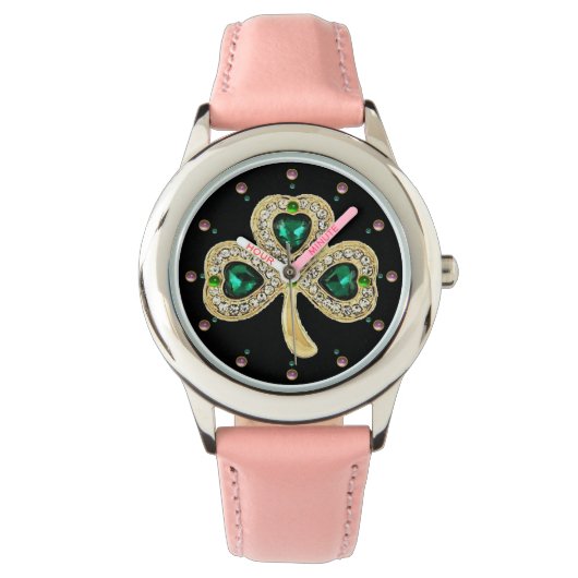 GOLD SHAMROCK JEWEL EMERALD GREEN HEARTS, Gemstene Horloge (Voorkant)