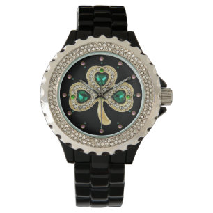 GOLD SHAMROCK JEWEL EMERALD GREEN HEARTS, Gemstene Horloge