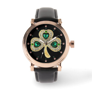 GOLD SHAMROCK JEWEL EMERALD GREEN HEARTS, Gemstene Horloge
