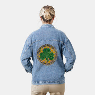 Gold Shamrock on Celtic Knots Denim Jacket