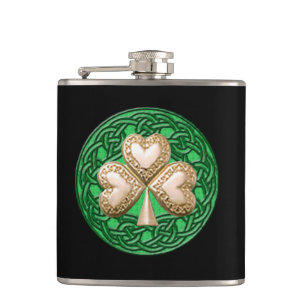 Gold Shamrock on Celtic Knots Flask Heupfles