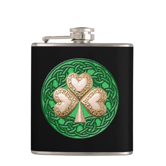 Gold Shamrock on Celtic Knots Flask Heupfles (Voorkant)