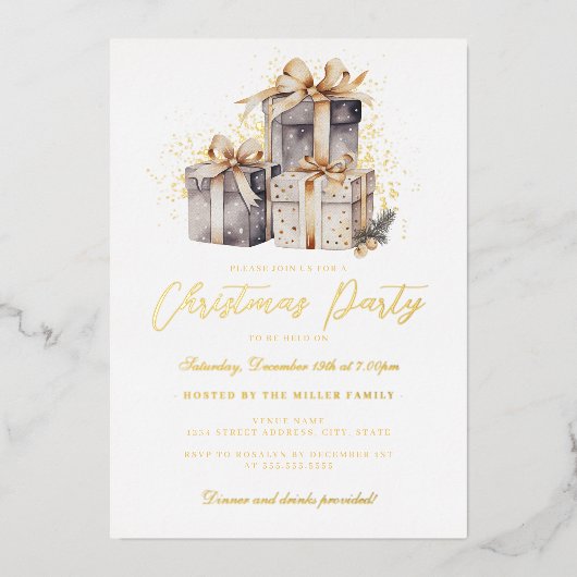 Gold Shimmer Cadeaus Kerstfeest Folie Uitnodiging (Voorkant)