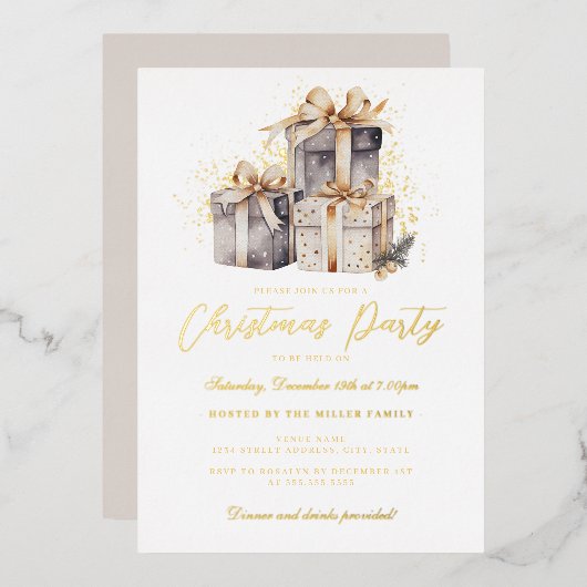 Gold Shimmer Cadeaus Kerstfeest Folie Uitnodiging (Voorkant / Achterkant)