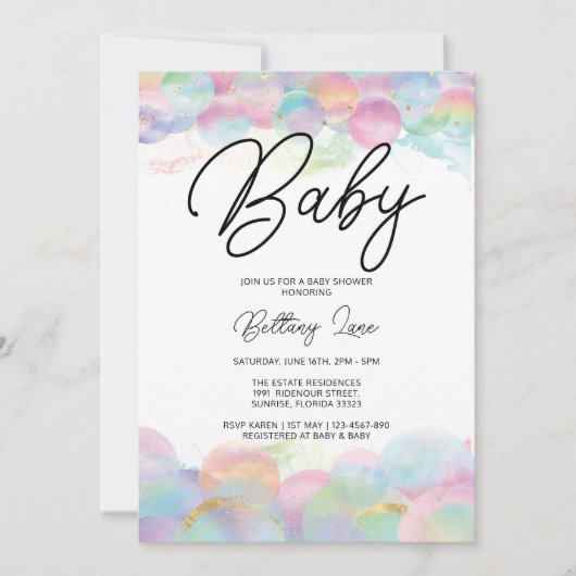 Gold Shimmer en Bubble Rainbow 1st Baby shower Kaart (Voorkant)