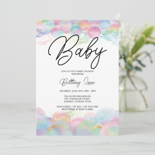 Gold Shimmer en Bubble Rainbow 1st Baby shower Kaart (Staand voorkant)